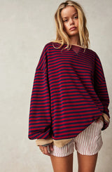 Women's Striped Oversized Sweater in Black & Red, on model