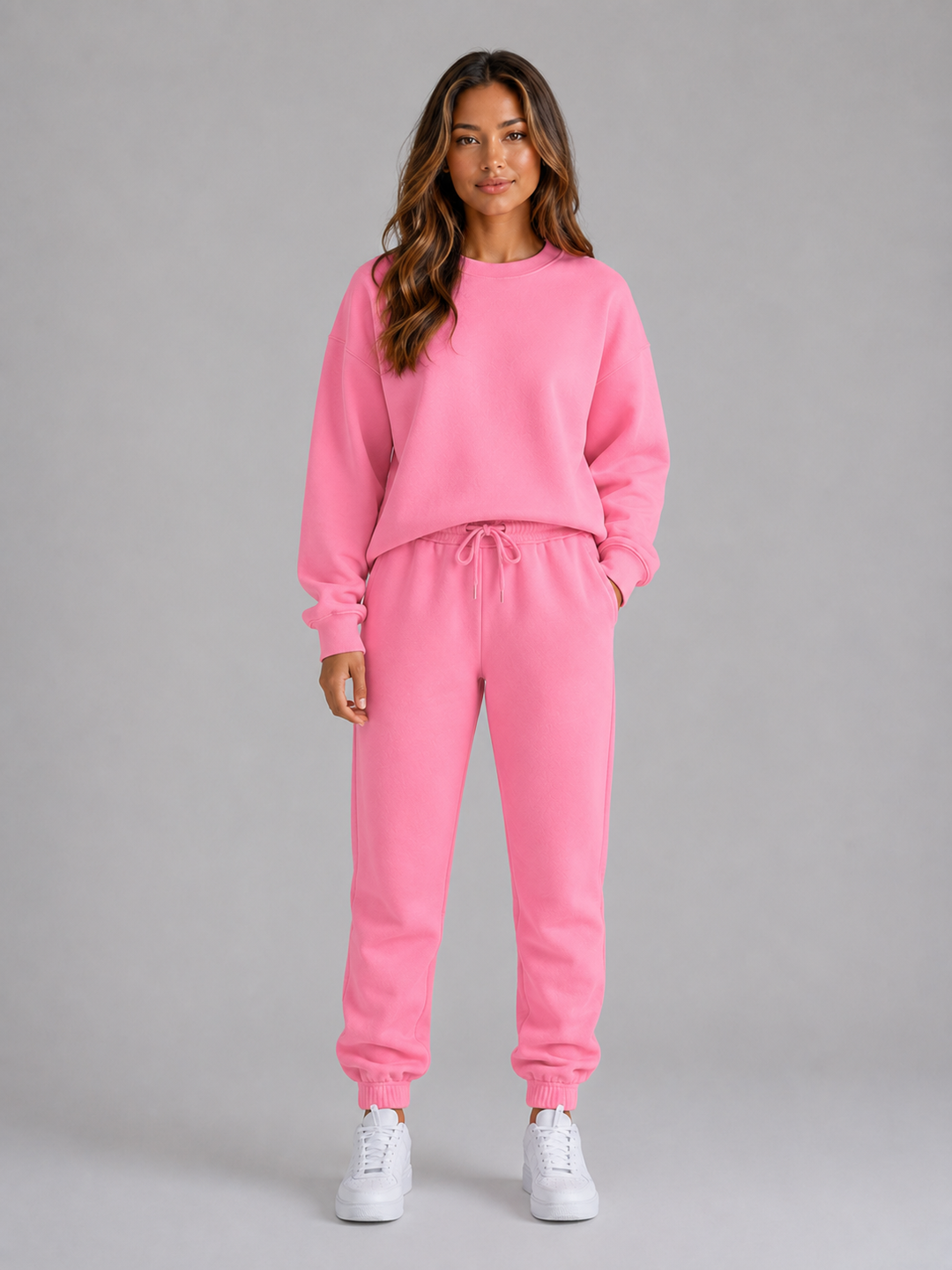 Oversized Crew Neck Sweatshirt and Cuffed Joggers Set for Women – Fleece-Feel Lining