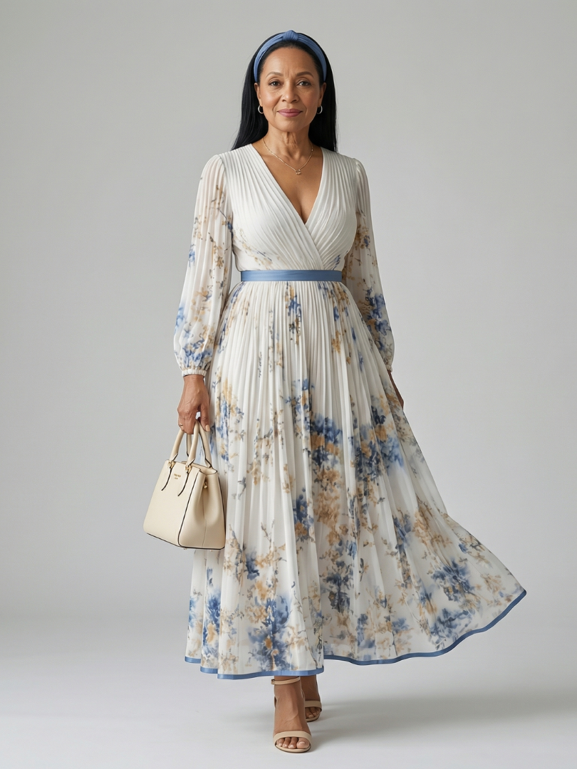 Pleated Midi Dress for Women – Skimming Silhouette, Easy Movement in White
