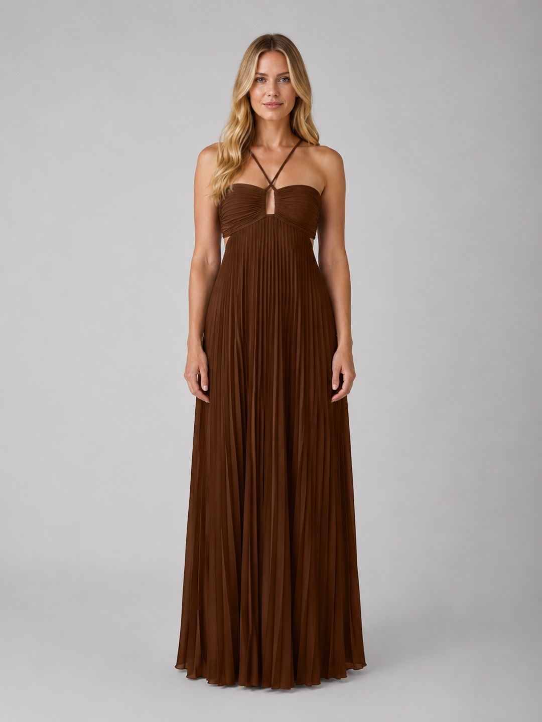 Crossover Halterneck Pleated Maxi Gown for Women – Open Tie Back, Floor Length