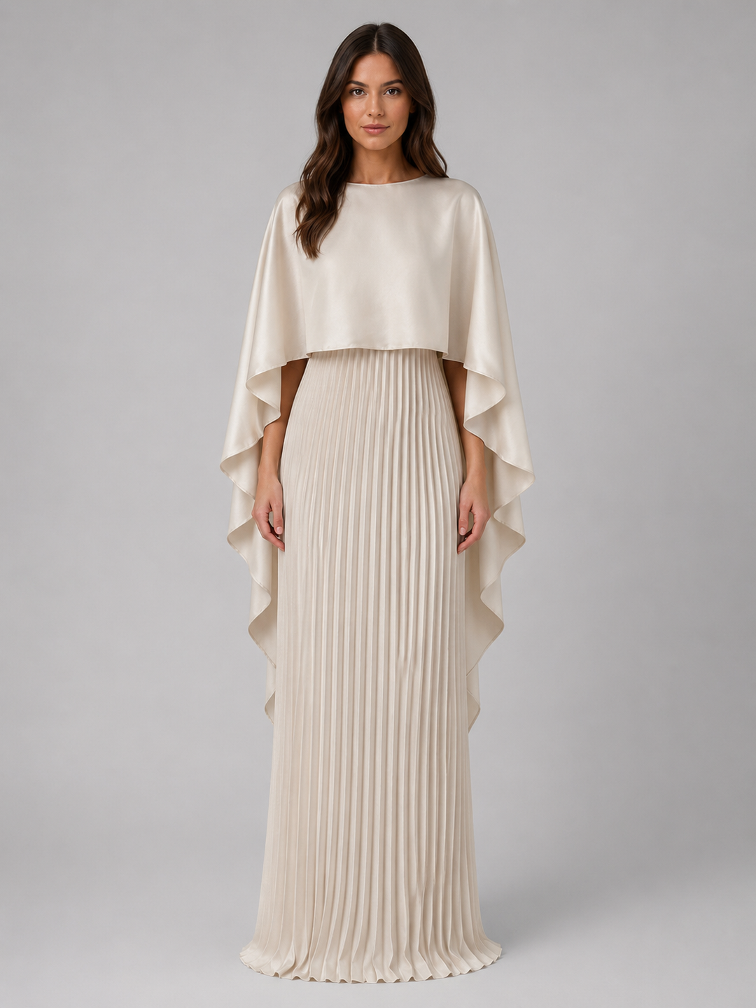 Pleated Maxi Dress for Women – Cape Overlay, Draped Sleeves, High Neckline