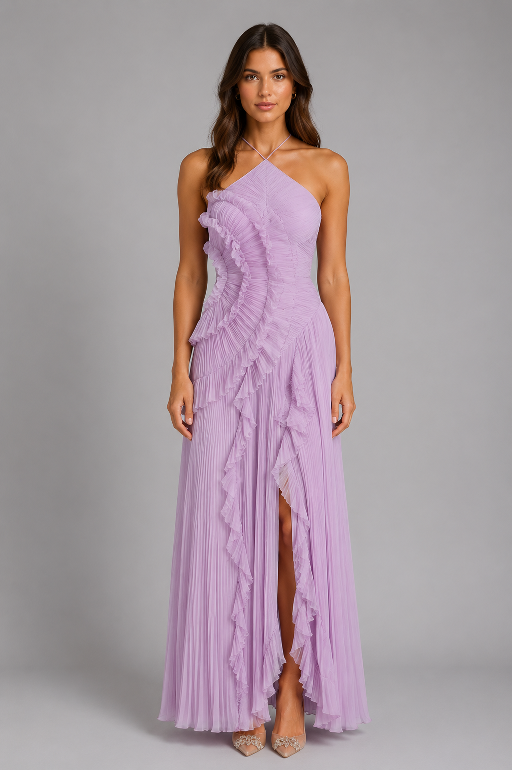 Pleated Halter Maxi Dress for Women – Layered Ruffles, Asymmetric Hemline, Flowing Fabric