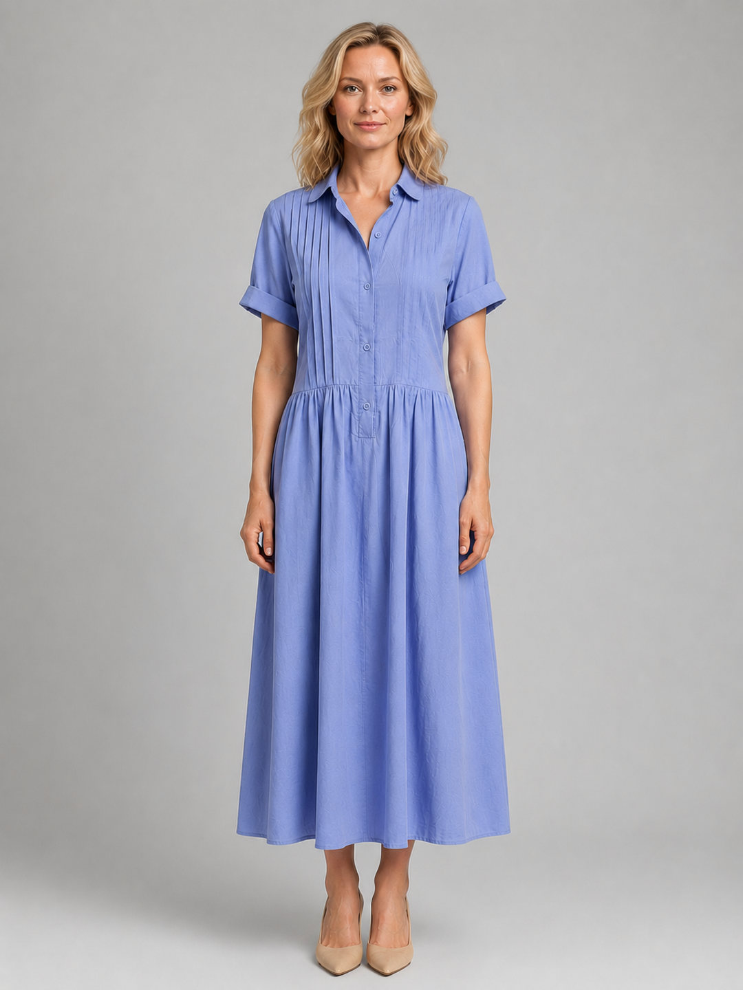 Pleated Bodice Shirt Dress for Women – Short Sleeves, Gathered Waist, Side Pockets