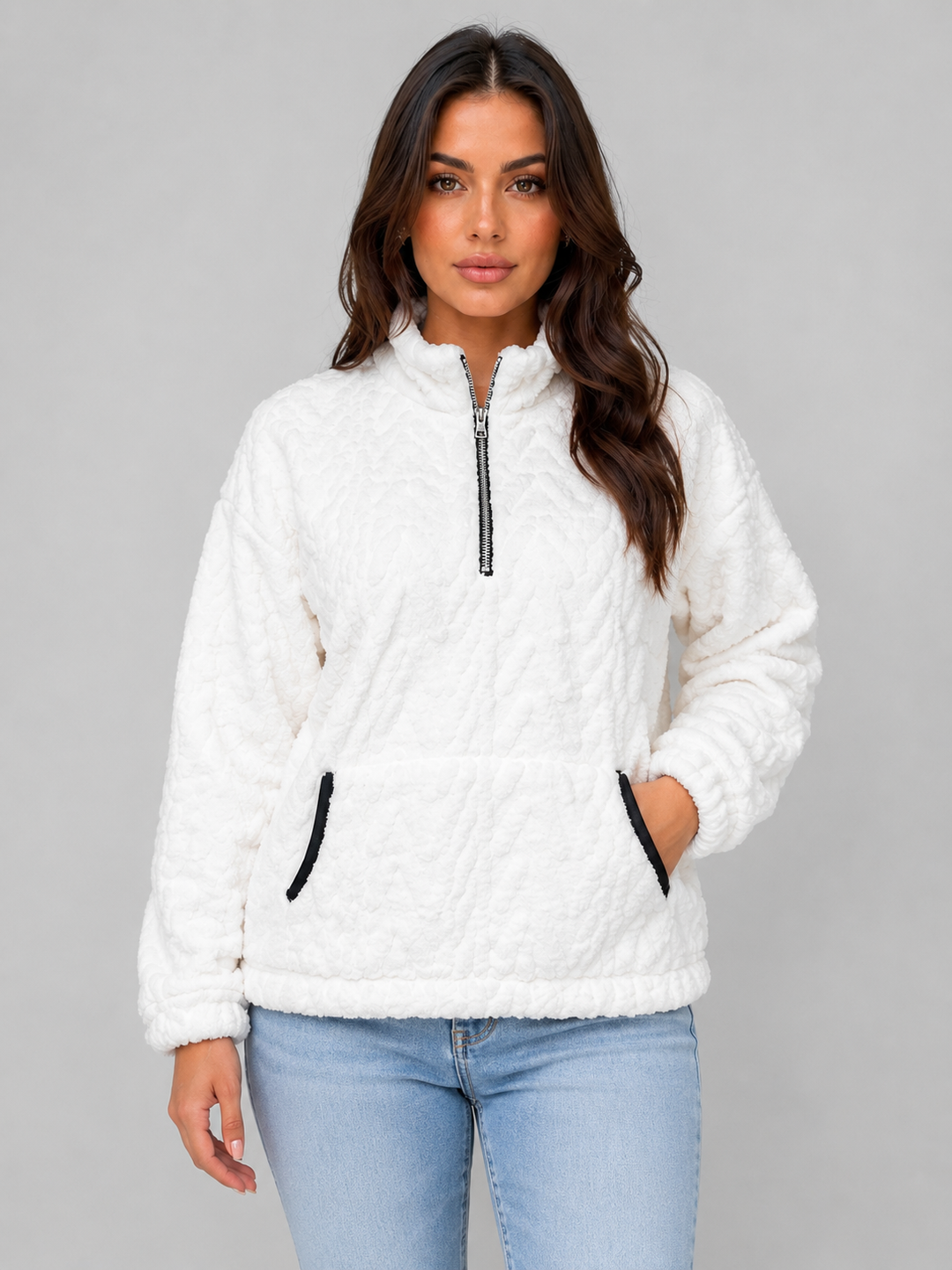 Half-Zip Fleece Pullover for Women – High Neck, Two Front Pockets