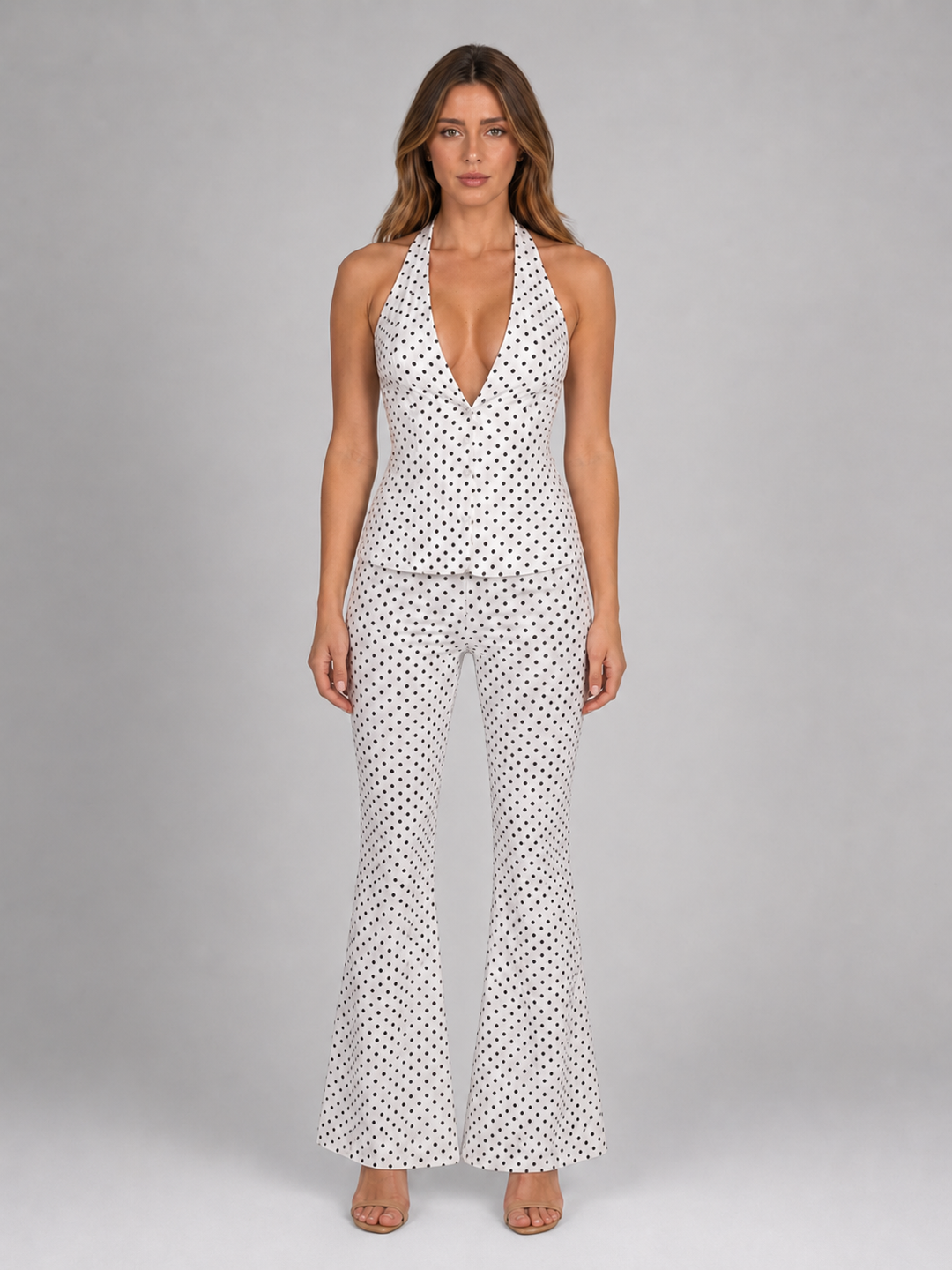 Polka Dot Halterneck Top and Wide-Leg Pants Set for Women – Deep V-Neck in White