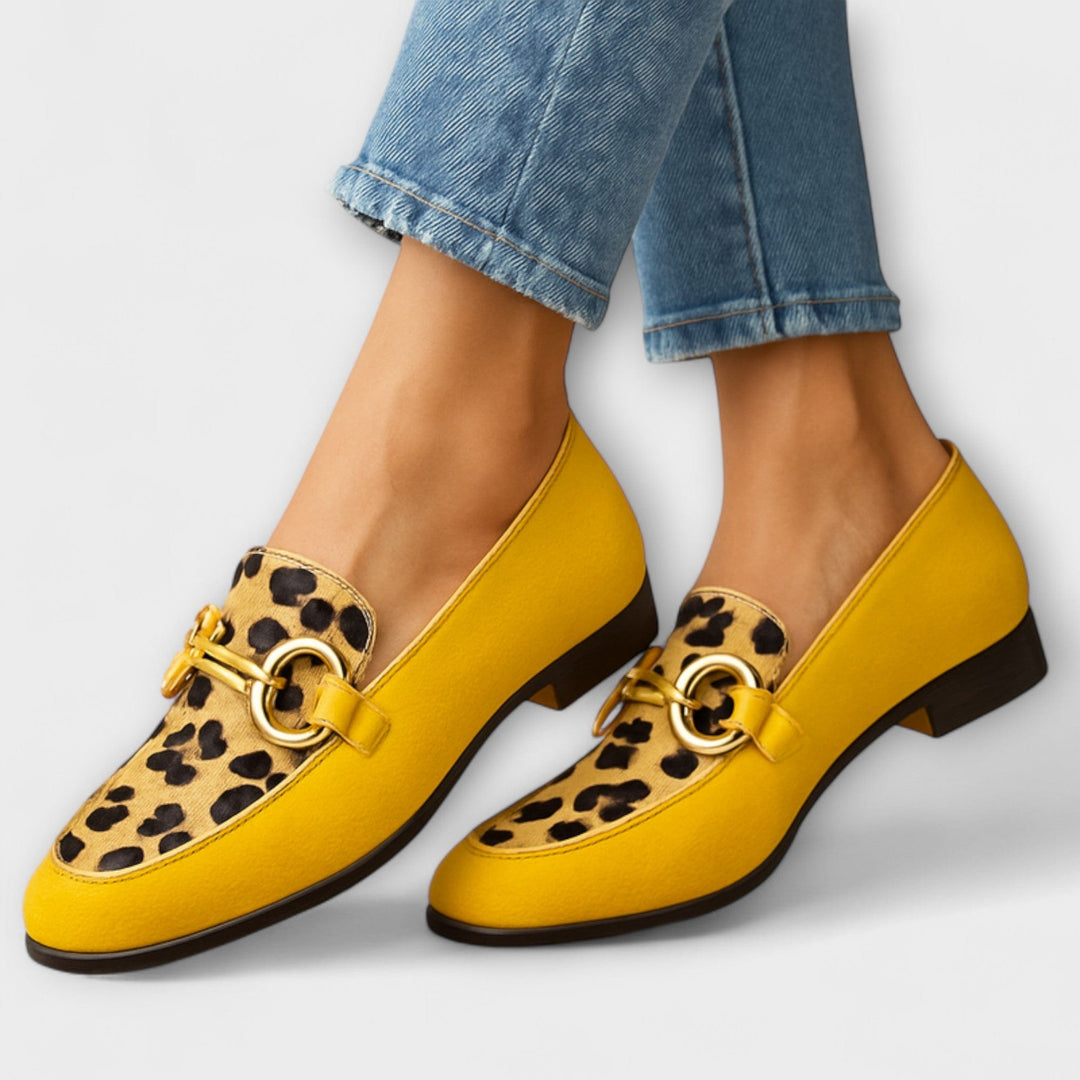 Square Toe Buckle Loafers for Women – All-Over Print, Cushioned Insole in Yellow