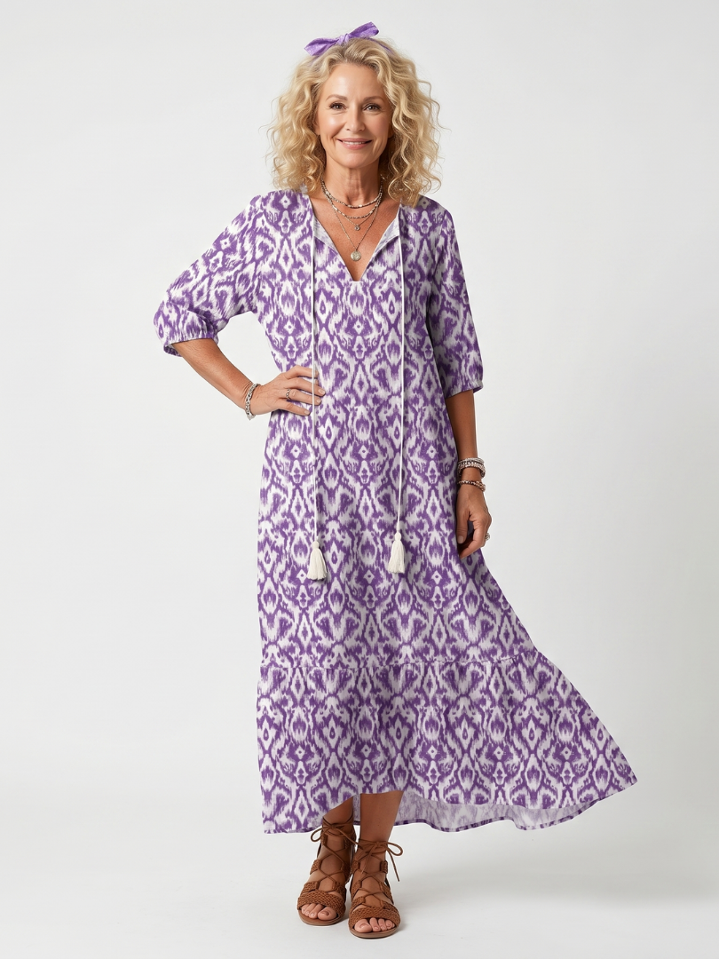 Printed Lightweight Midi Dress for Women – Breathable Fabric, Skimming Shape in Purple