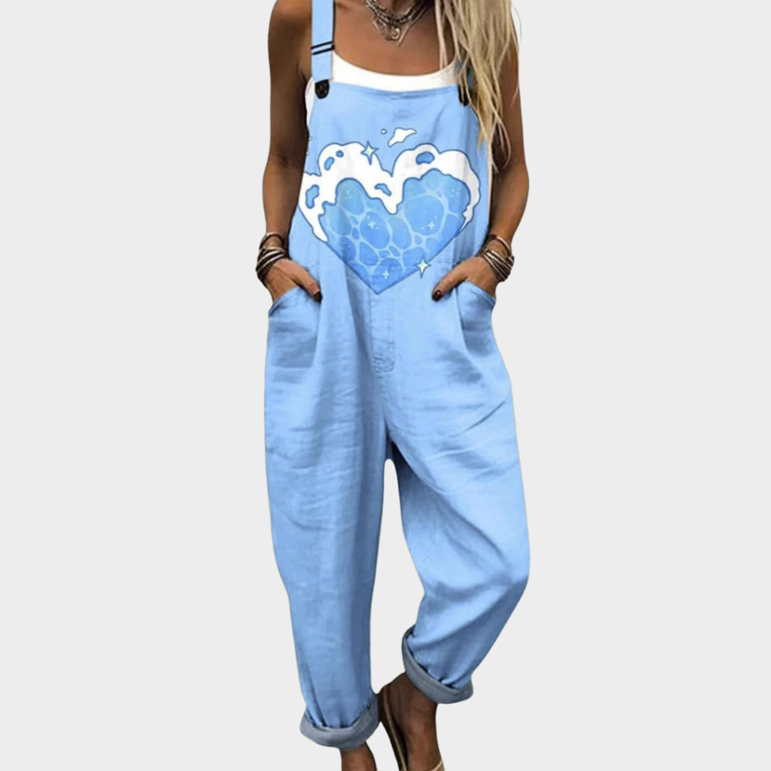 Printed Full-Length Dungarees for Women – Relaxed Fit, Side Pockets in Blue