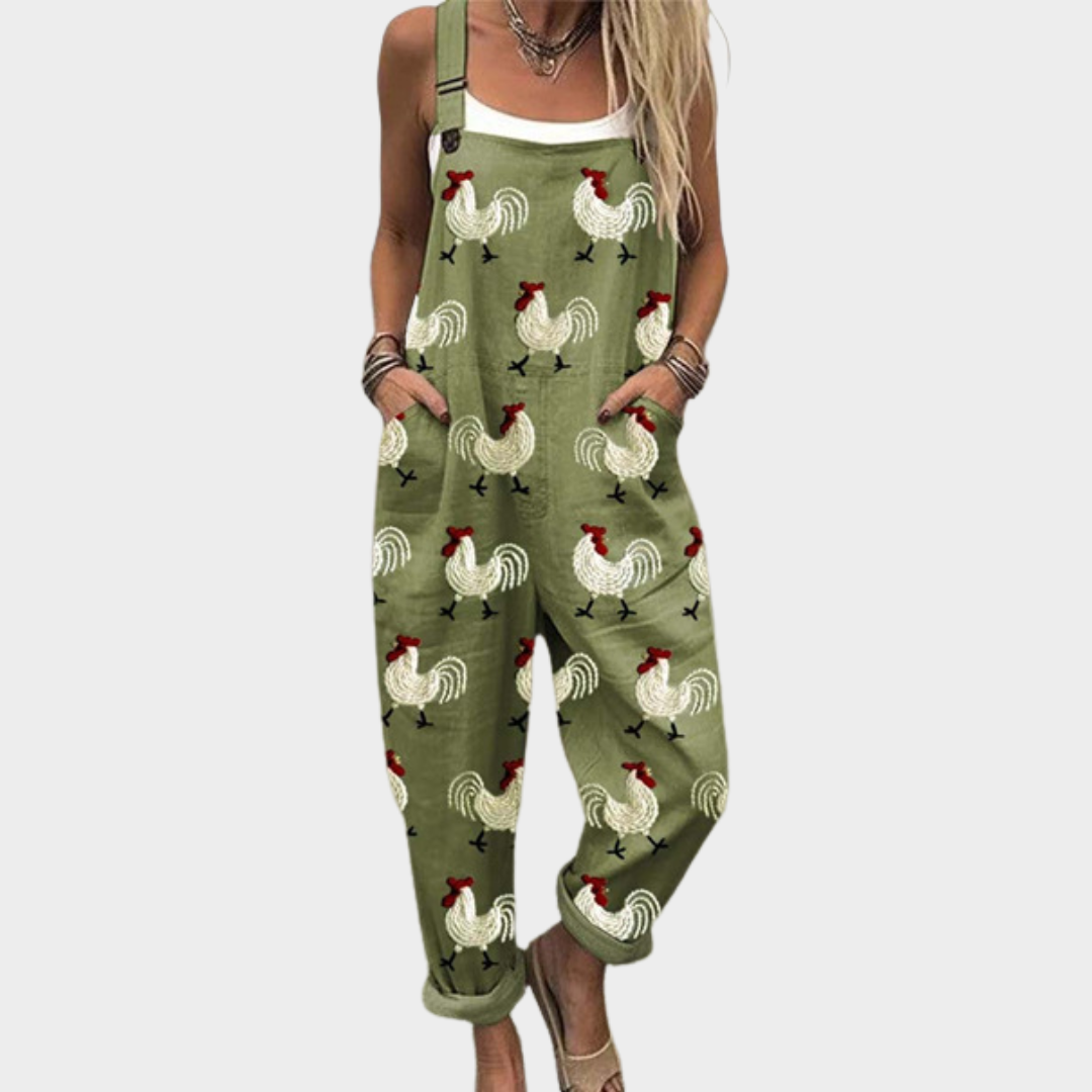 Printed Relaxed Dungarees for Women – One-Piece Design, Side Pockets in Green