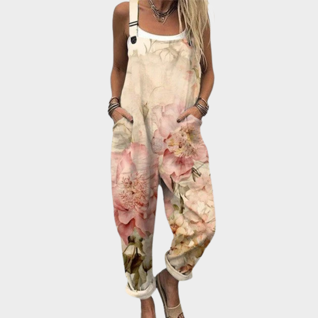 Printed One-Piece Dungarees for Women – Side Pockets, Relaxed Fit in Beige