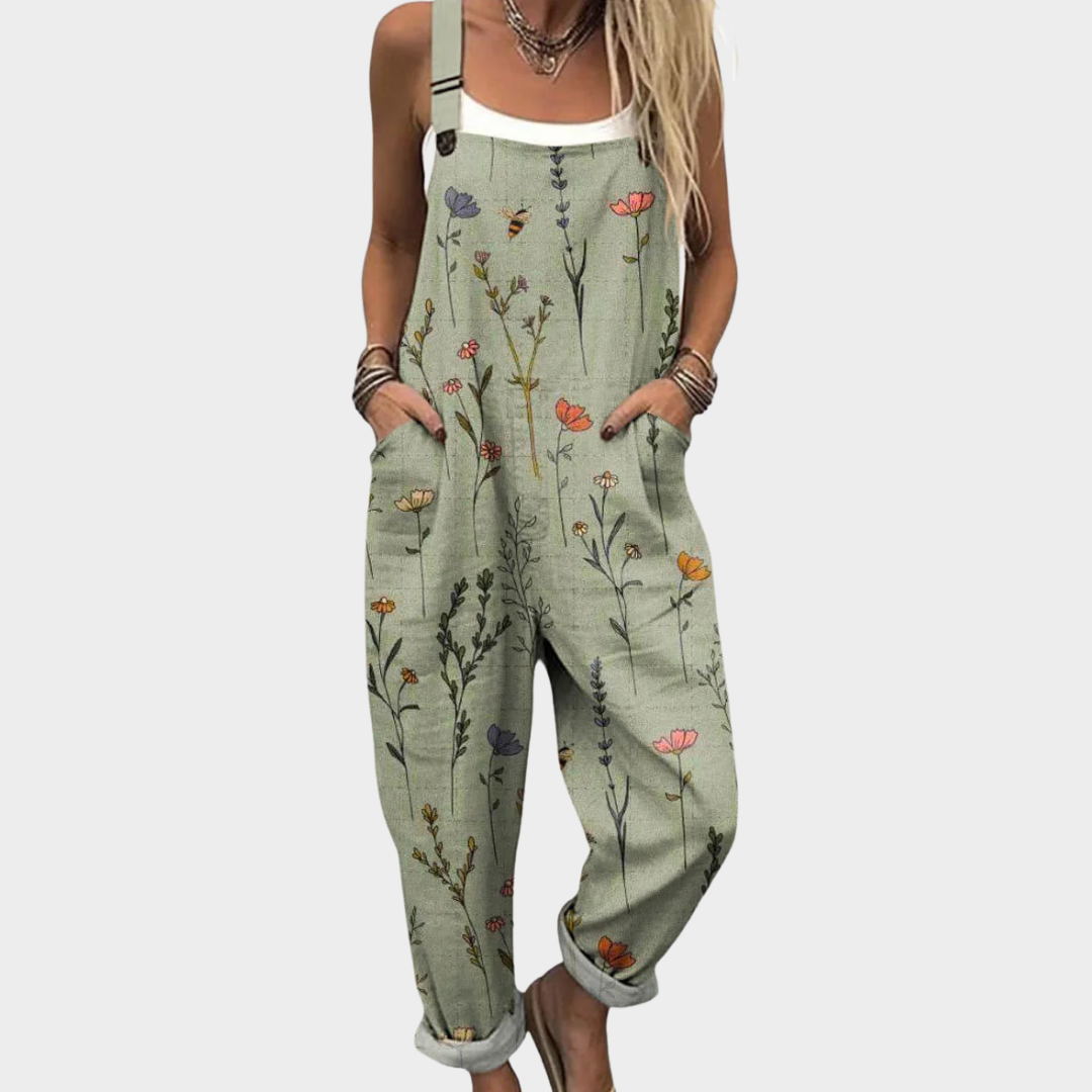 Full-Length Printed Dungarees for Women – Relaxed Fit, Defined Waist in Green