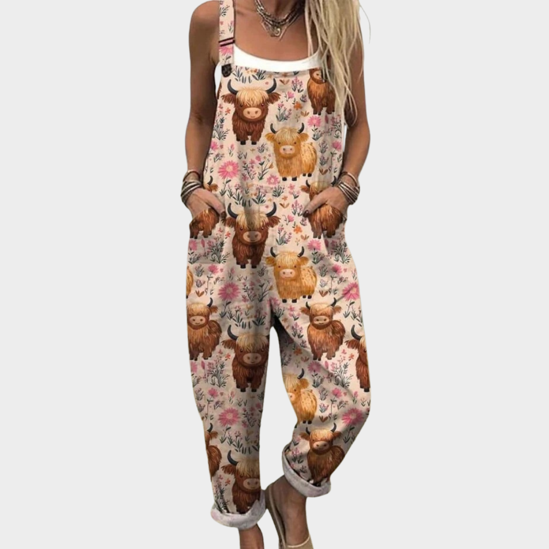One-Piece Printed Dungarees for Women – Side Pockets, Defined Waist in Multicolor