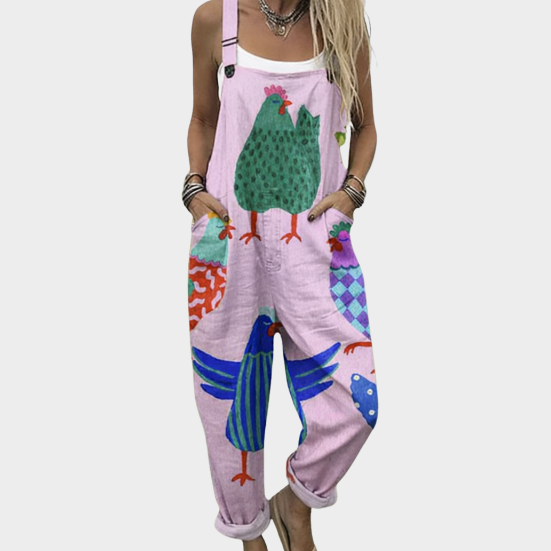 Easy-Fit Printed Dungarees for Women – Side Pockets, Defined Waist in Pink