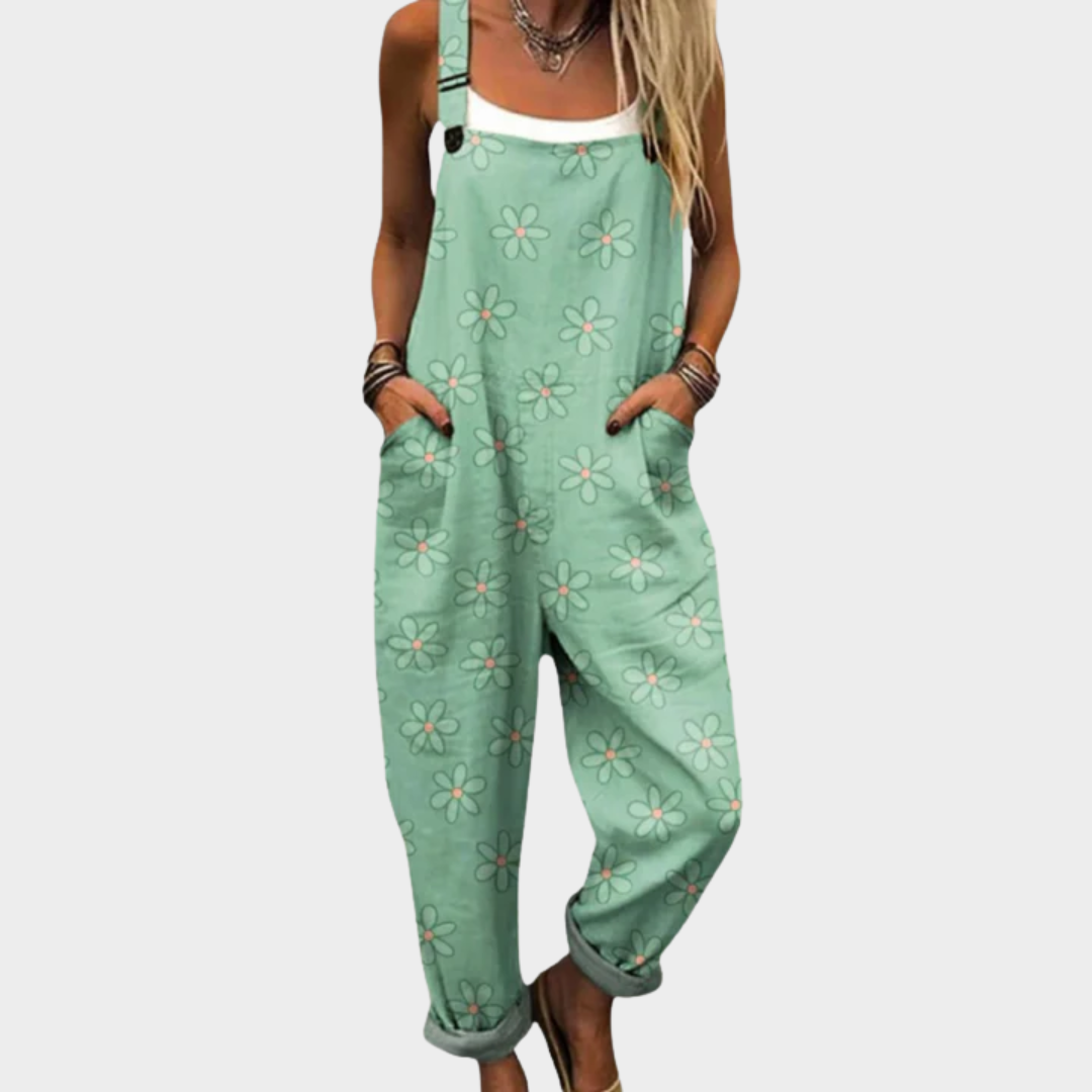 Full-Length Printed Dungarees for Women – One-Piece Design, Defined Waist in Green
