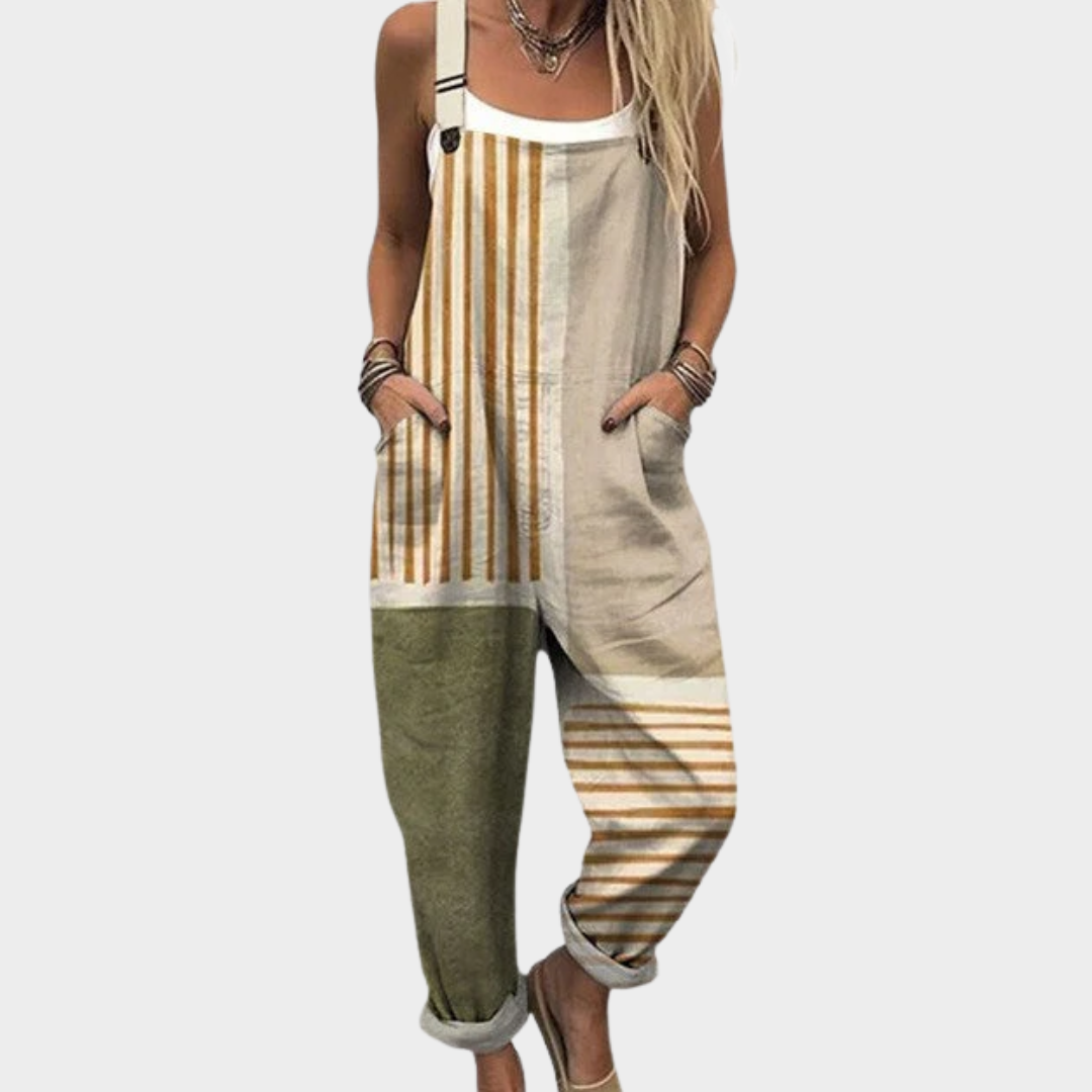Printed Relaxed-Fit Dungarees for Women – Side Pockets, Defined Waist in Beige & Green
