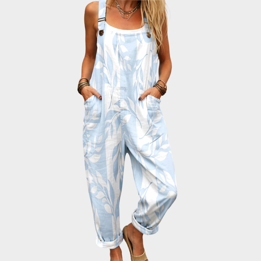 Printed Relaxed Dungarees for Women – Defined Waist, Full-Length Leg in Blue & White