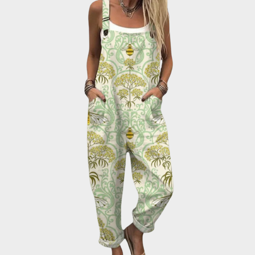 Printed Dungarees for Women – Relaxed Fit, Side Pockets, One-Piece Design in Green