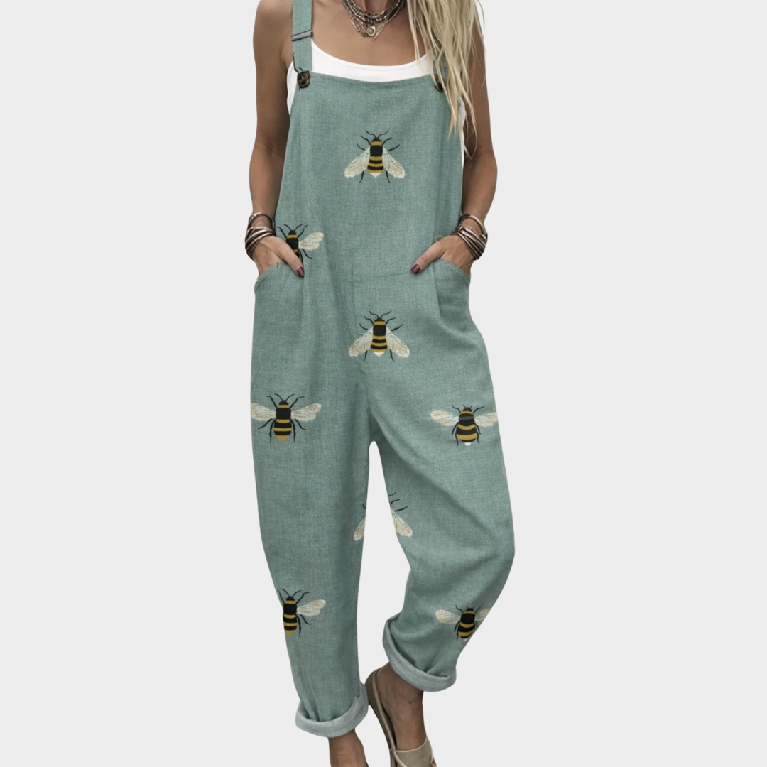 Printed Relaxed-Fit Dungarees for Women – Defined Waist, Side Pockets in Green & Blue