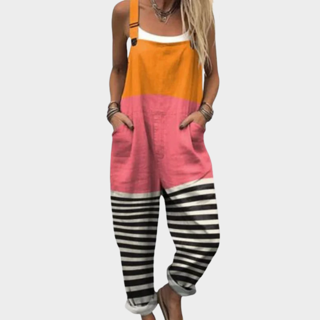 Printed Relaxed-Fit Dungarees for Women – Full-Length Leg, Side Pockets in Orange & Pink