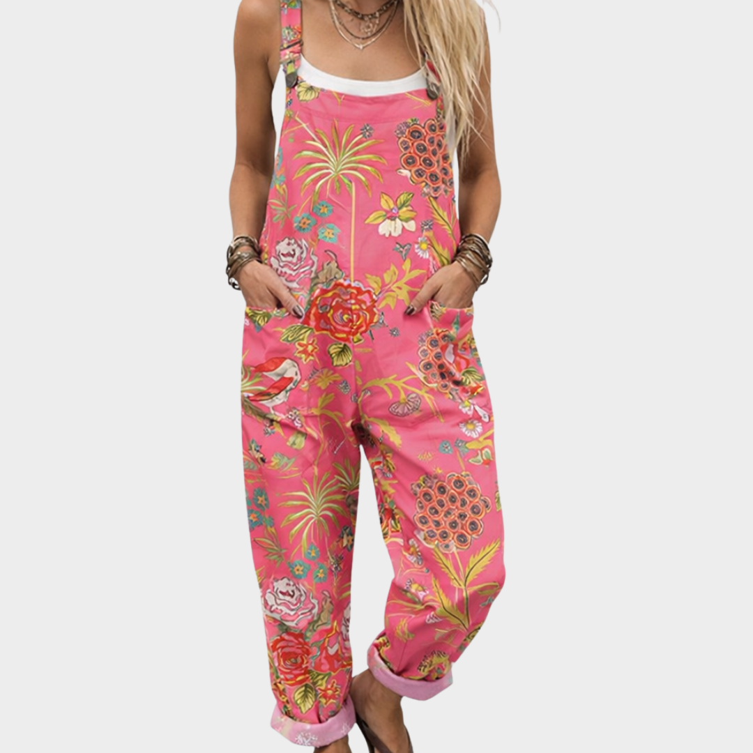 Relaxed Printed Dungarees for Women – One-Piece Design, Side Pockets in Pink