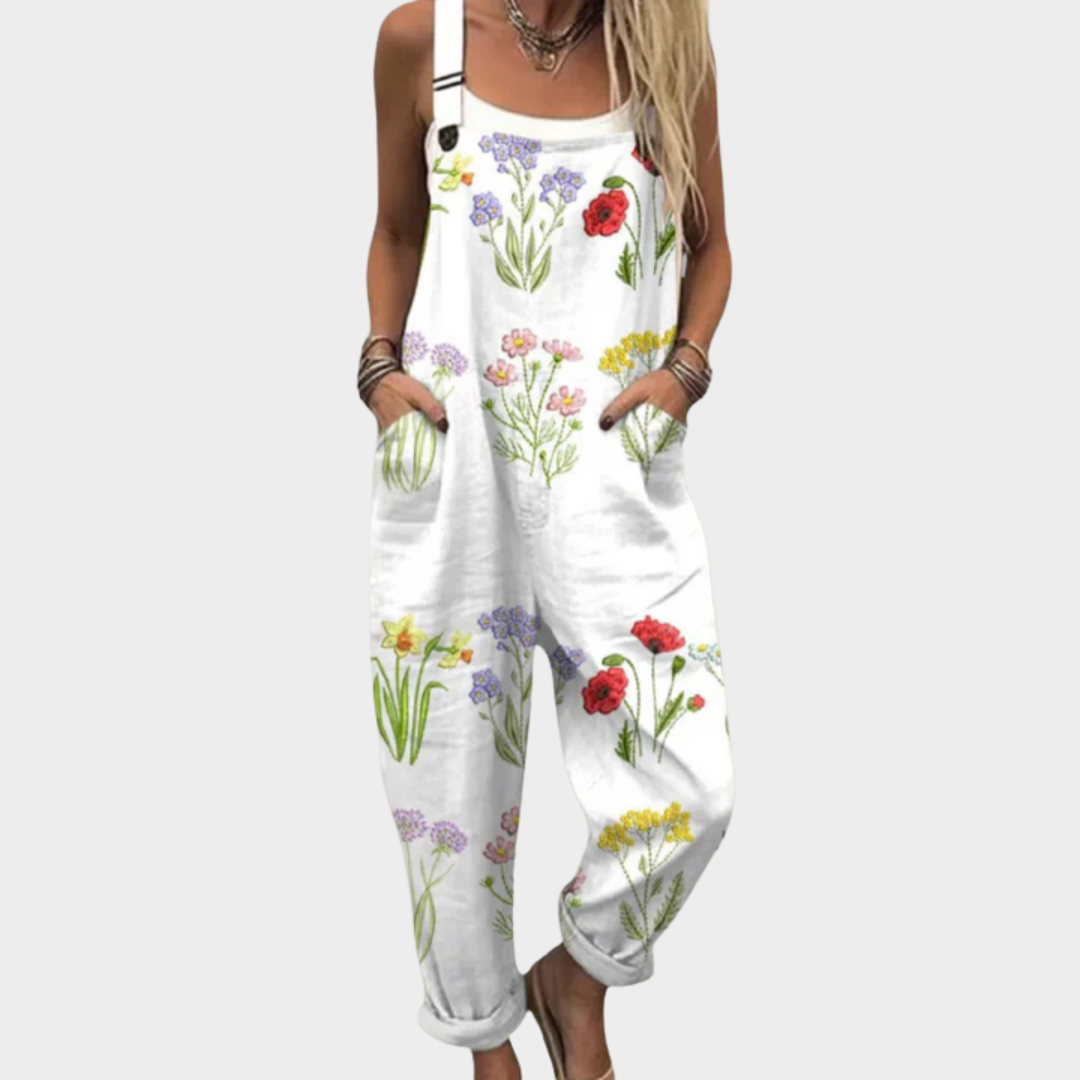 All-Over Print Dungarees for Women – Relaxed Fit, Defined Waist in White