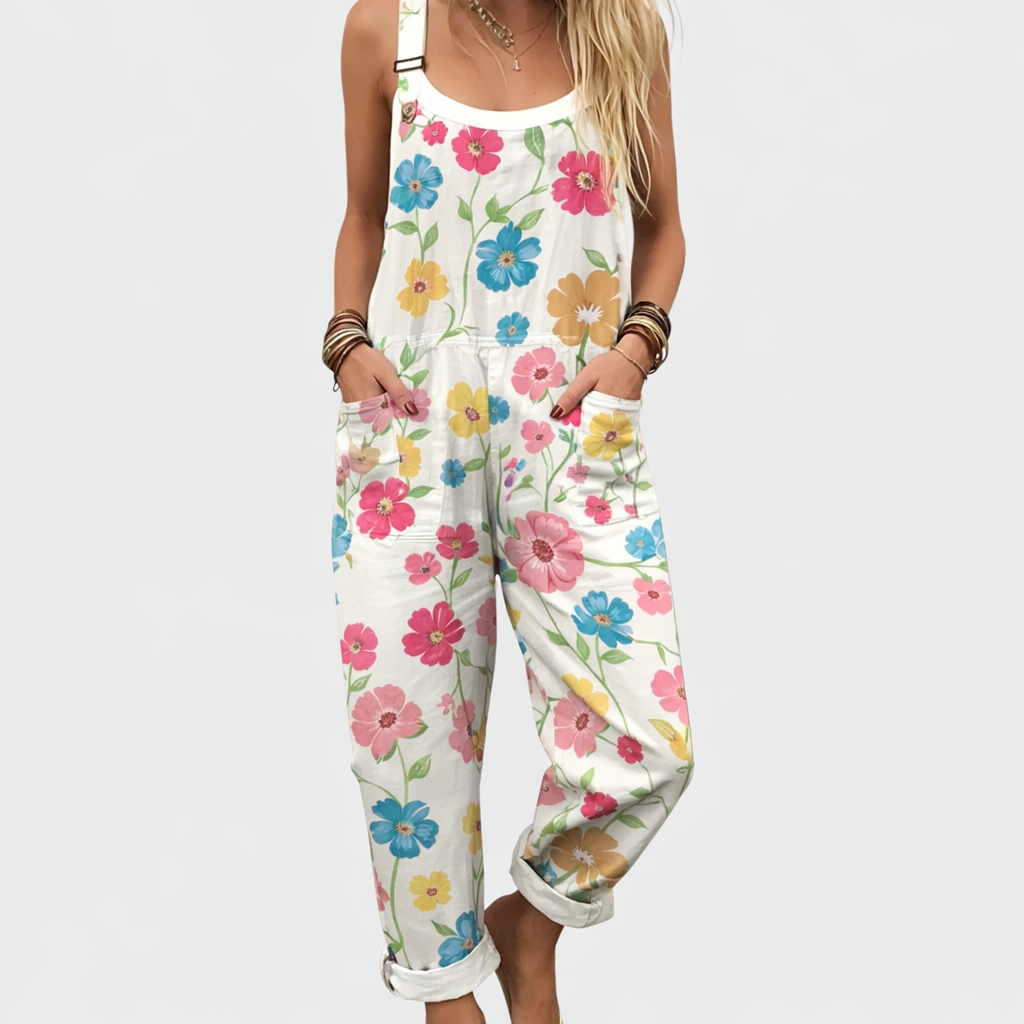 Floral Print Dungarees for Women – Side Pockets, Easy Fit in White & Floral