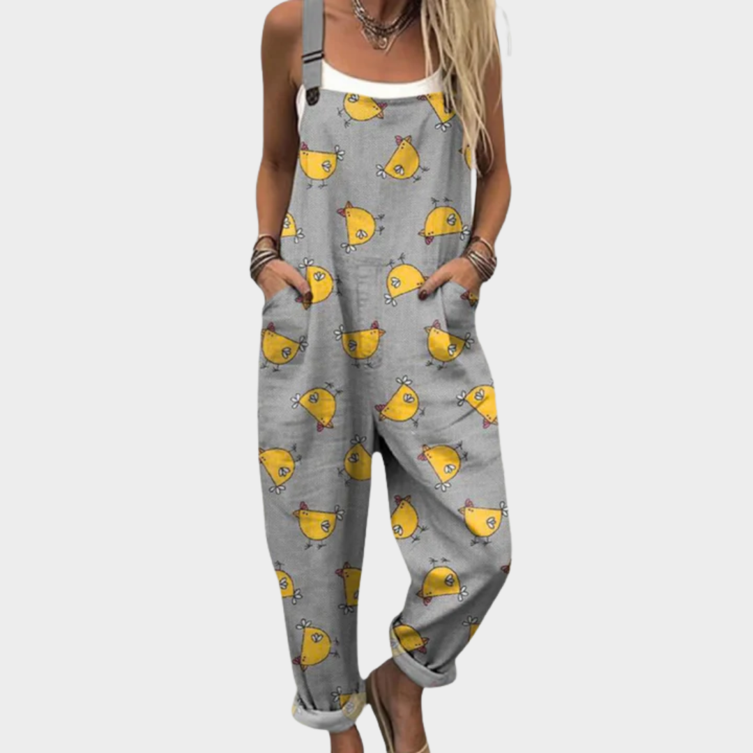 One-Piece Printed Dungarees for Women – Relaxed Fit, Defined Waist in Gray