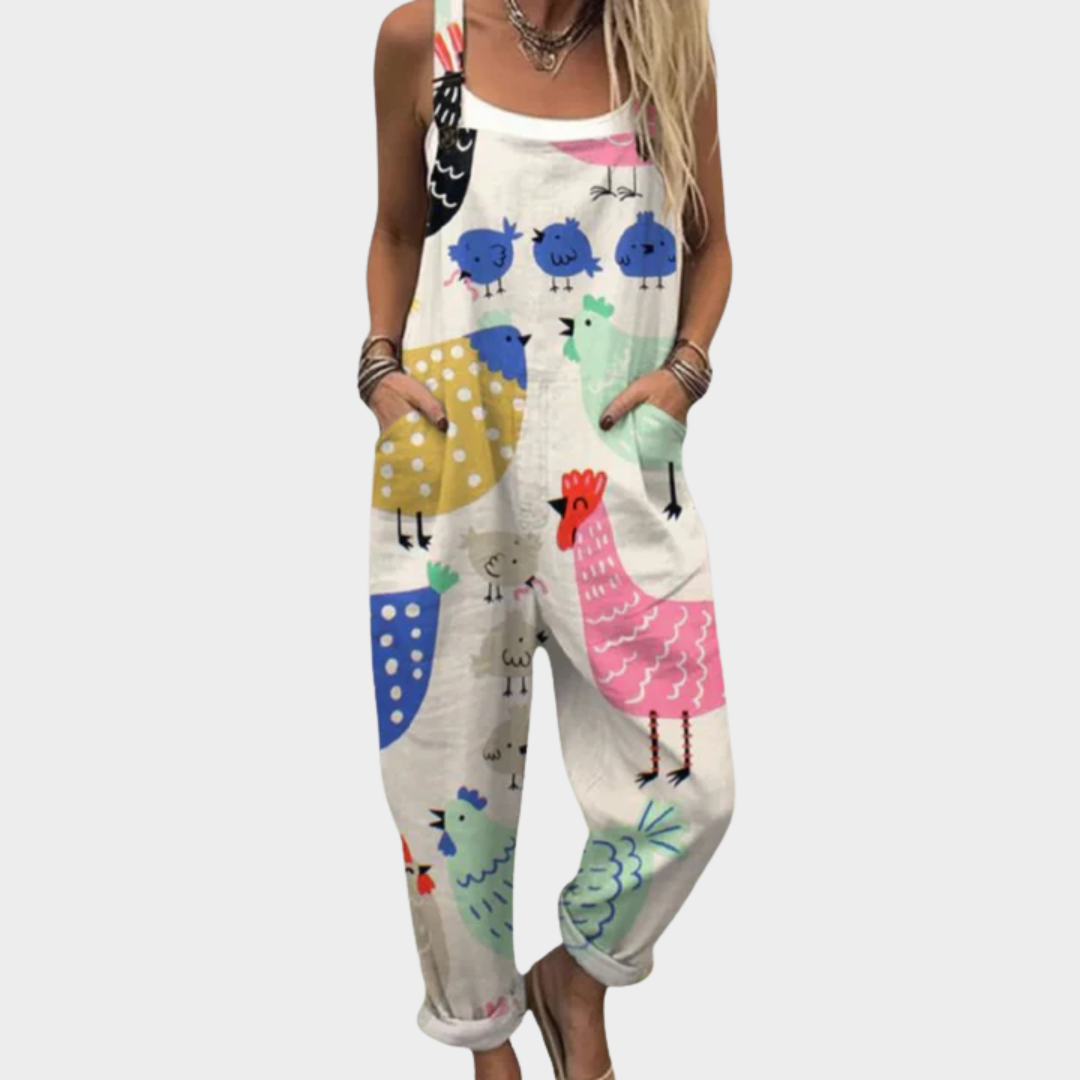 Relaxed One-Piece Dungarees for Women – All-Over Print, Defined Waist in Multicolor
