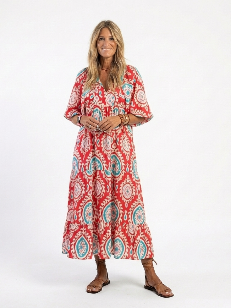 All-Over Print Midi Dress for Women – Easy Walking Movement in Red