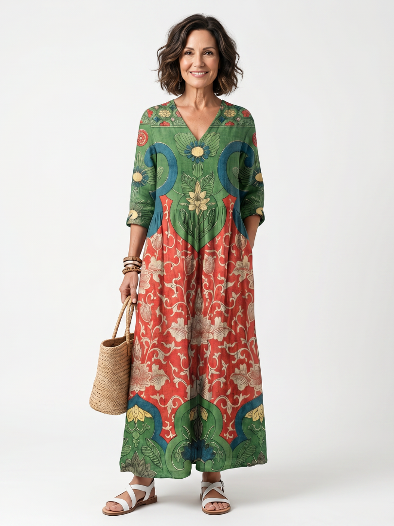 Printed Midi Dress for Women – Belted Waist, Side Pockets, Timeless Shape