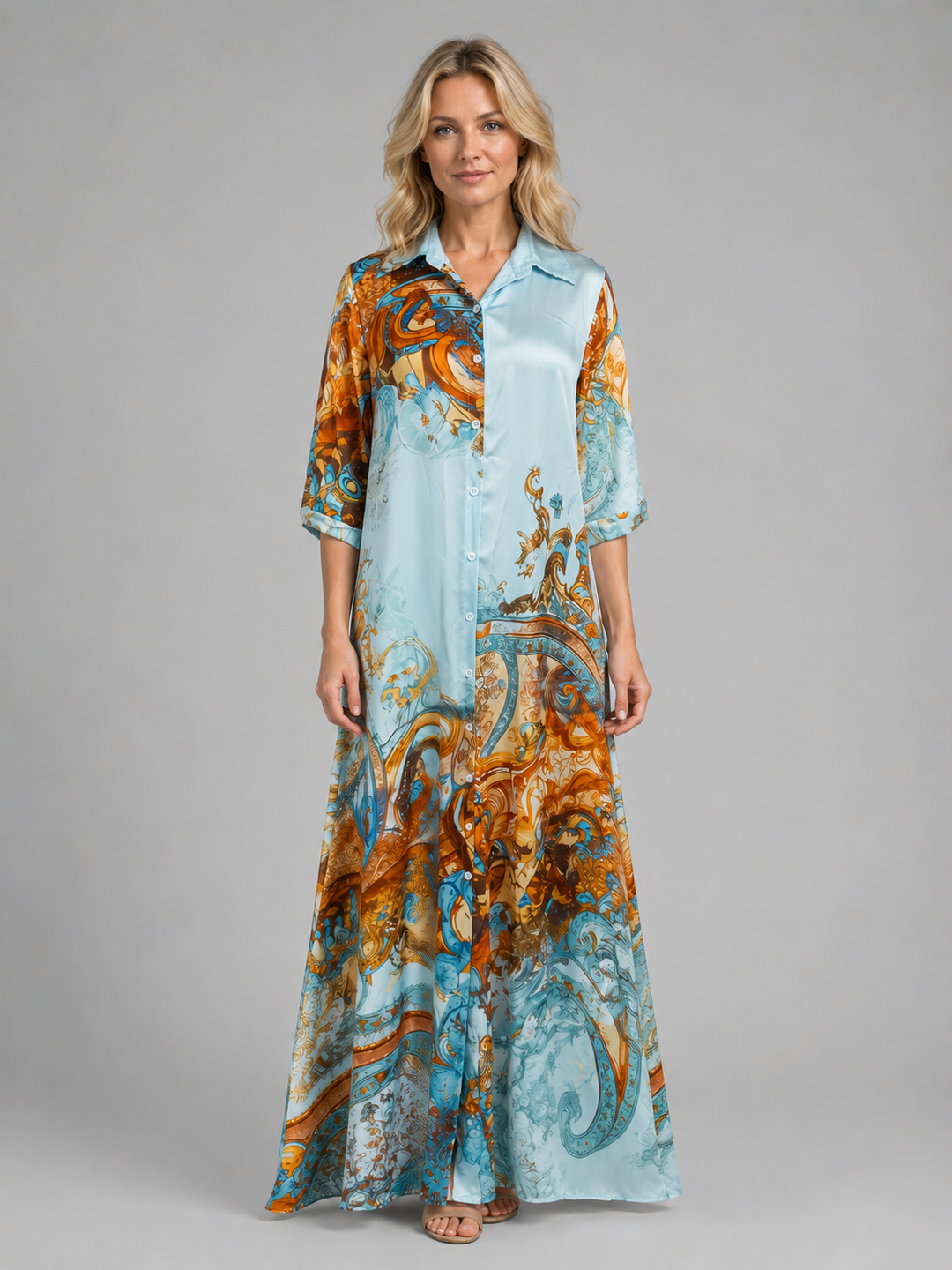 Baroque-Inspired Print Shirt Maxi Dress for Women – Button-Through Front, Rolled Sleeves