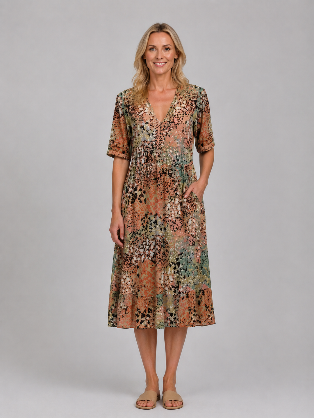 Artistic Print Midi Dress for Women – V-Neckline, Short Sleeves, Side Pockets