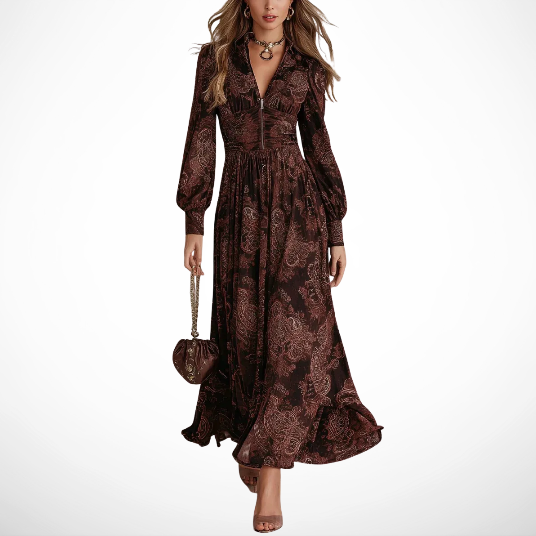 Vintage-Style Printed Maxi Dress for Women – Timeless Shape in Brown