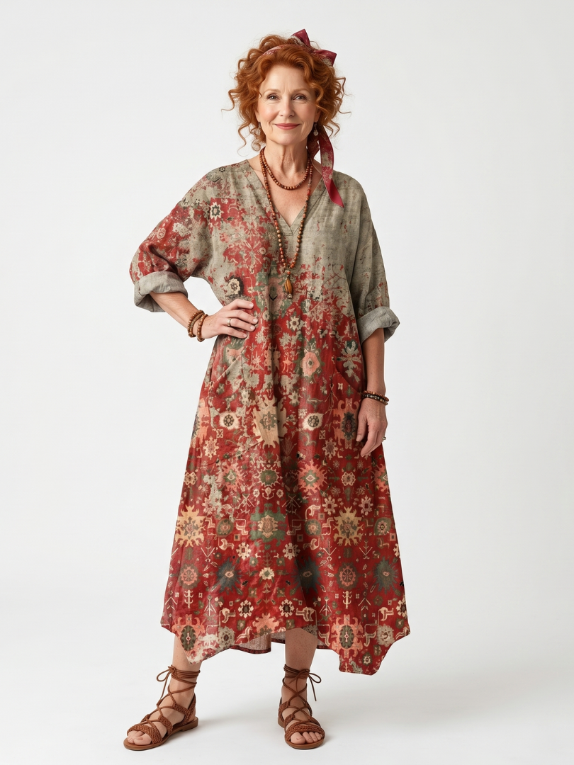 Printed Pocket Midi Dress for Women – Relaxed Fit, Skimming Silhouette