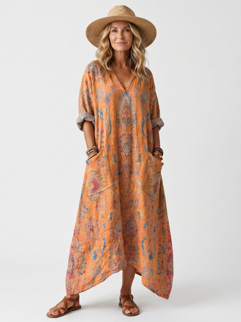 Printed Pocket Midi Dress for Women – Relaxed Fit, Breathable Fabric in Orange