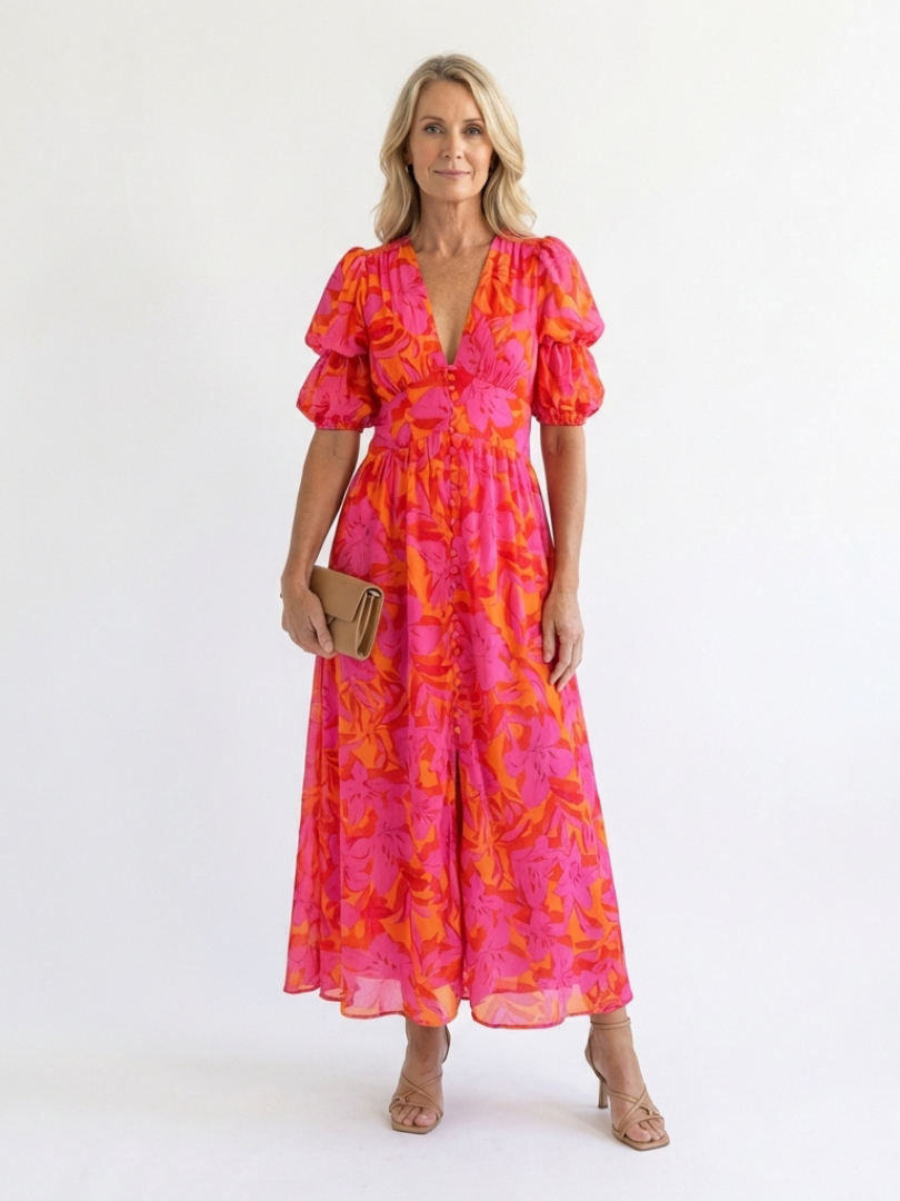 Puff Sleeve Midi Dress for Women – Skimming Silhouette, Day-to-Evening Wear in Pink, Lightweight Sty