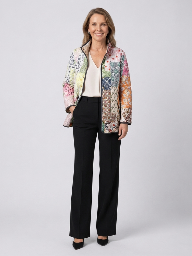 Quilted Floral Print Jacket for Women – Soft Shoulders, Clean Front Closure