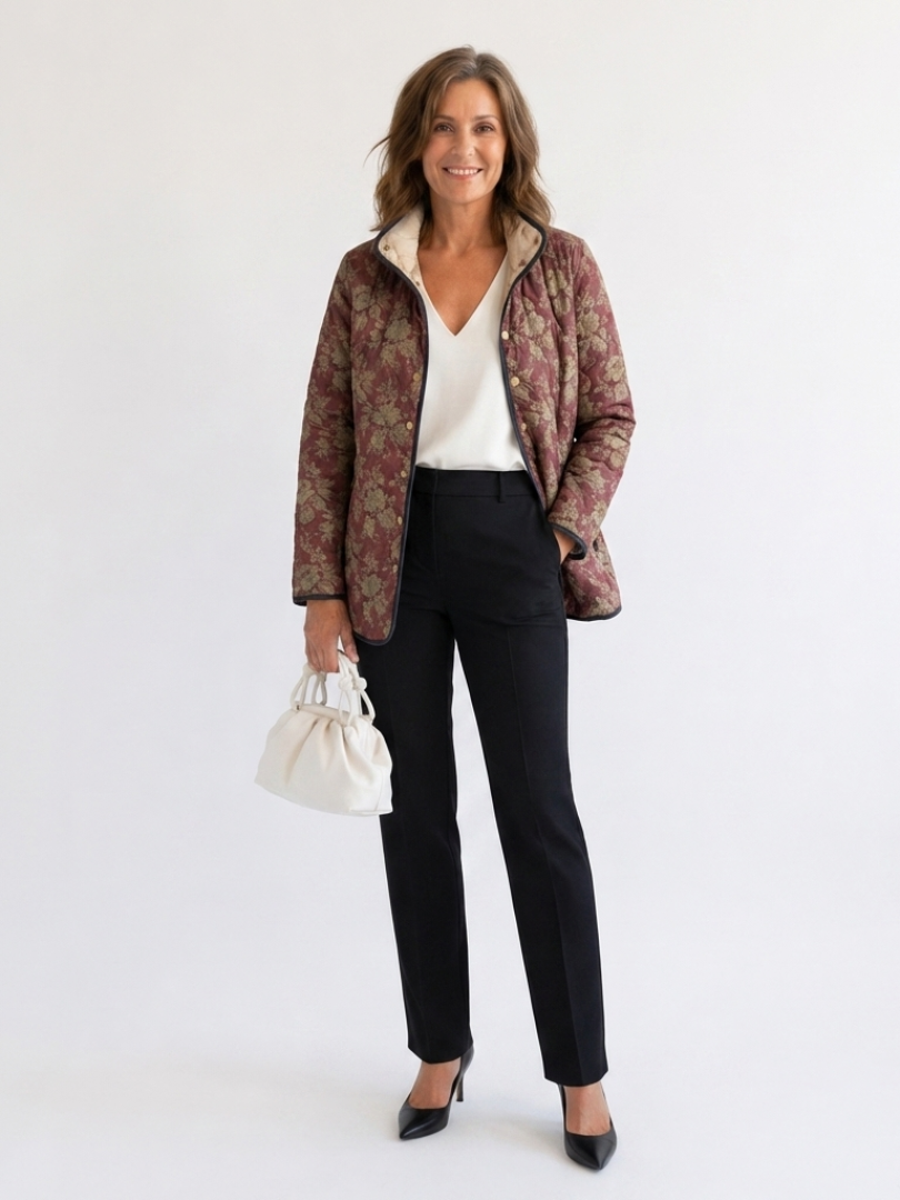 High-Neck Quilted Jacket for Women – Side Pockets, Clean Front in Plum & Gold