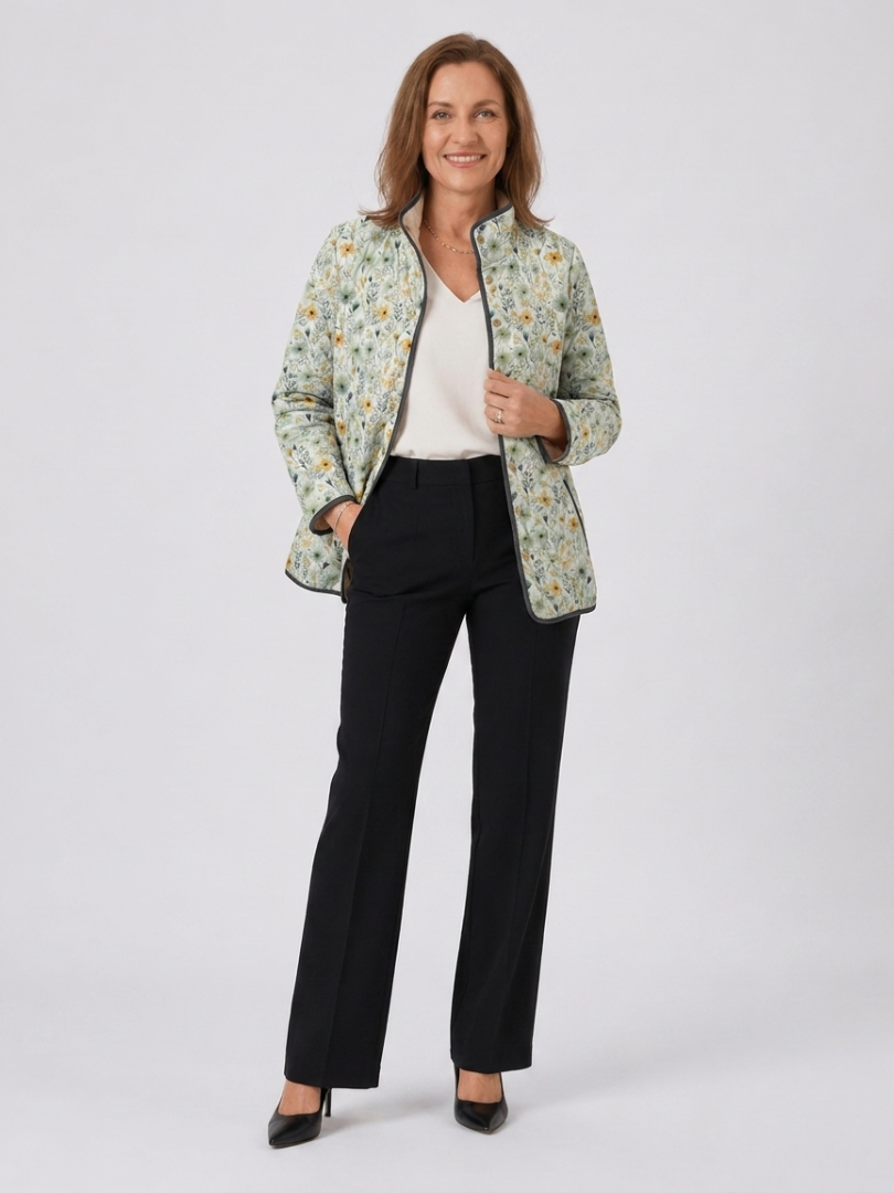 Quilted Floral Jacket for Women – Side Pockets, Clean Front Fastening in Cream