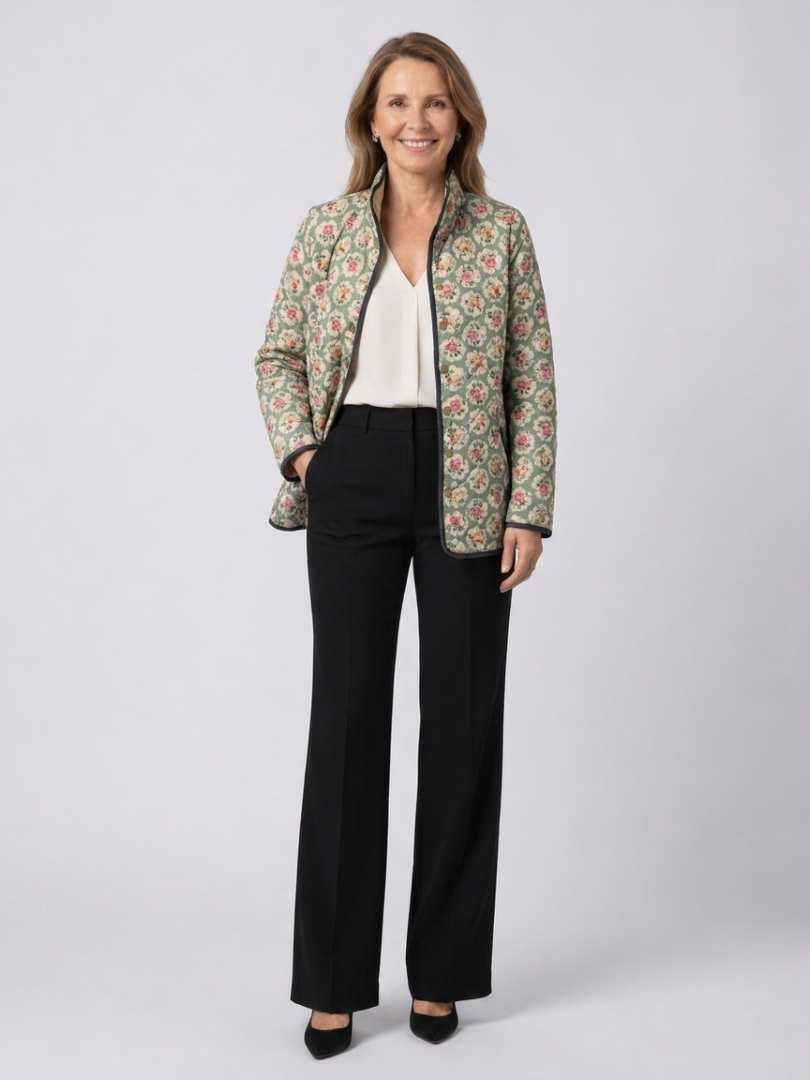 Quilted Button-Front Floral Jacket for Women – High Neck, Warm Lining in Green & Almond