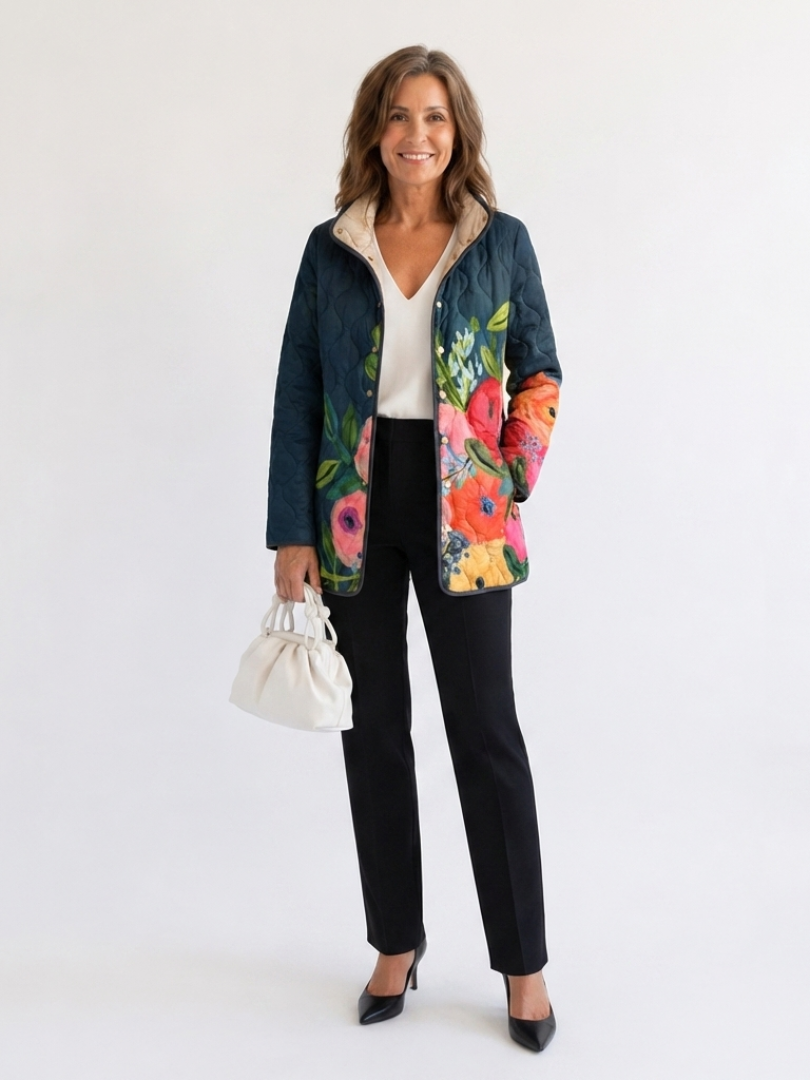 High-Neck Floral Quilted Jacket for Women – Soft Shoulders in Blue & Midnight