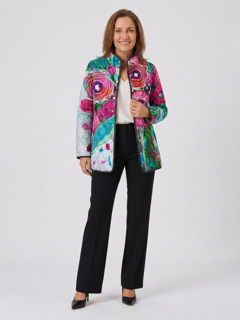 Beaded Floral Quilted Jacket for Women – All-Over Print, Soft Shoulders