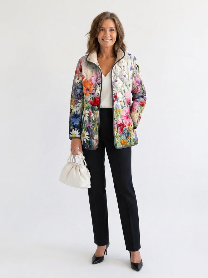 Quilted Floral Jacket for Women – Warm Lining, Belted Waist, Structured Shoulders