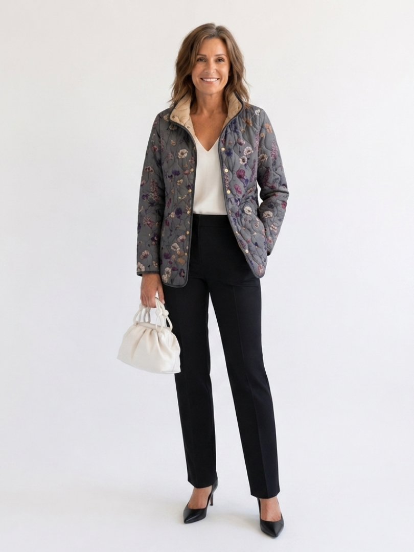 Floral Quilted Jacket for Women – Warm Lining, High Neckline, Gray Tones