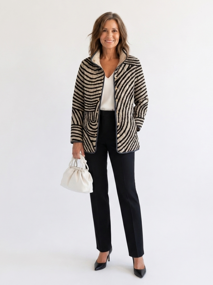 Linen-Look Quilted Jacket for Women – All-Over Print, High Neckline