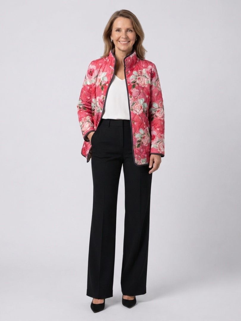 Quilted Button-Front Jacket for Women – Warm Lining, High Neckline in Pink