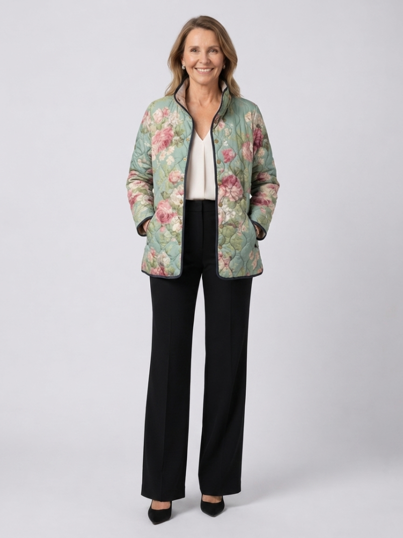All-Over Floral Print Quilted Jacket for Women – Soft Shoulders in Green & Sage