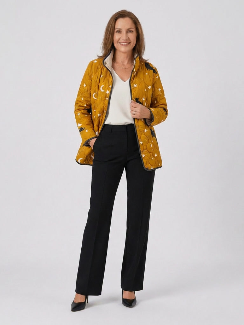 Printed Quilted Jacket for Women – Warm Lining, High Neckline in Ochre