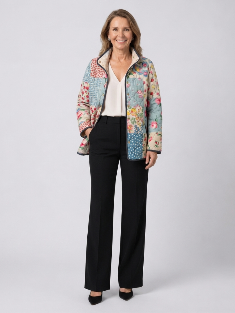 Quilted Jacket for Women – Floral Print, Lace Detailing, High Neckline