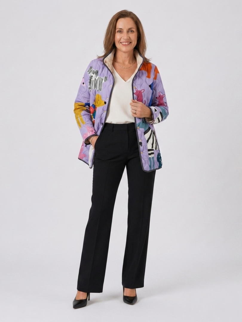 Printed Quilted Jacket for Women – High Neckline, Soft Shoulders, Clean Front